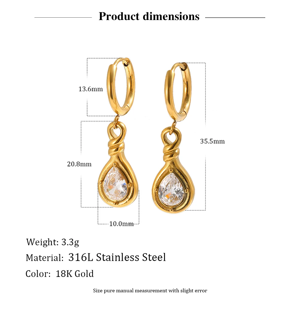 MamacitaSlay 316L Edelstahl-Ohrringe mit Wassertropfen-Zirkon, 18 Karat vergoldet, wasserdicht, minimalistischer Schmuck für Frauen, Geschenk – Detail 2