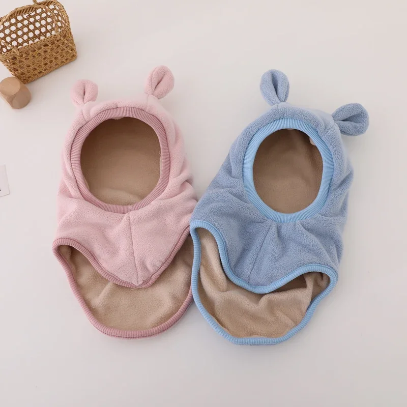 New Winter Warm Bear Ear Children Scarf Hat Boys Girls One-Piece Hat Outdoor Windproof Hood Beanies Cap Plush Balaclava Hat