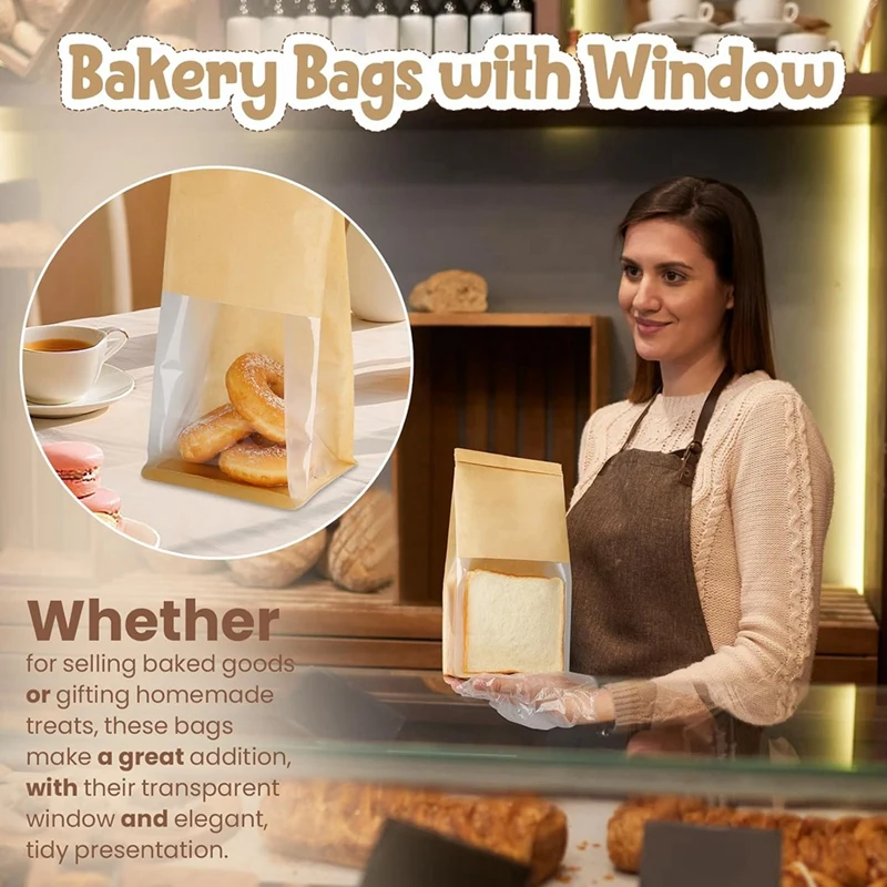 DTA5 Bread & Cookie Bags with Tin Tie Seal, 50 Pack, Small Size, Bakery Bags with Window, for Pastry Bagels Treats Cookies