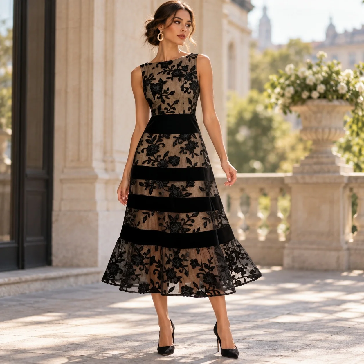 Panelled Patchwork Gown High Waist Elegant with Asymmetrical Hem Pullover Commuter Chic Slim Fit Sheer Dress Summer for Women