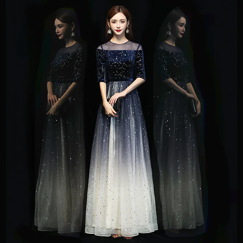 

Velvet Mesh Patchwork Women Evening Party Dress Elegant Navy Blue Gradients Pleated Prom Gown Grace Qipao Cheongsam Vestidos