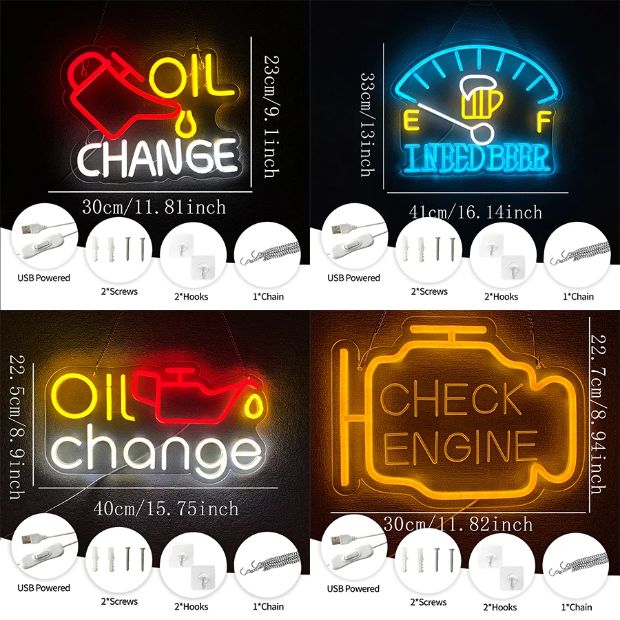 Oil Change Led Neon Sign, Oil Meter Refueling Icon, Used For Car Workshops, Garages, Auto Repair Shop, Man Caves Wall Decor.