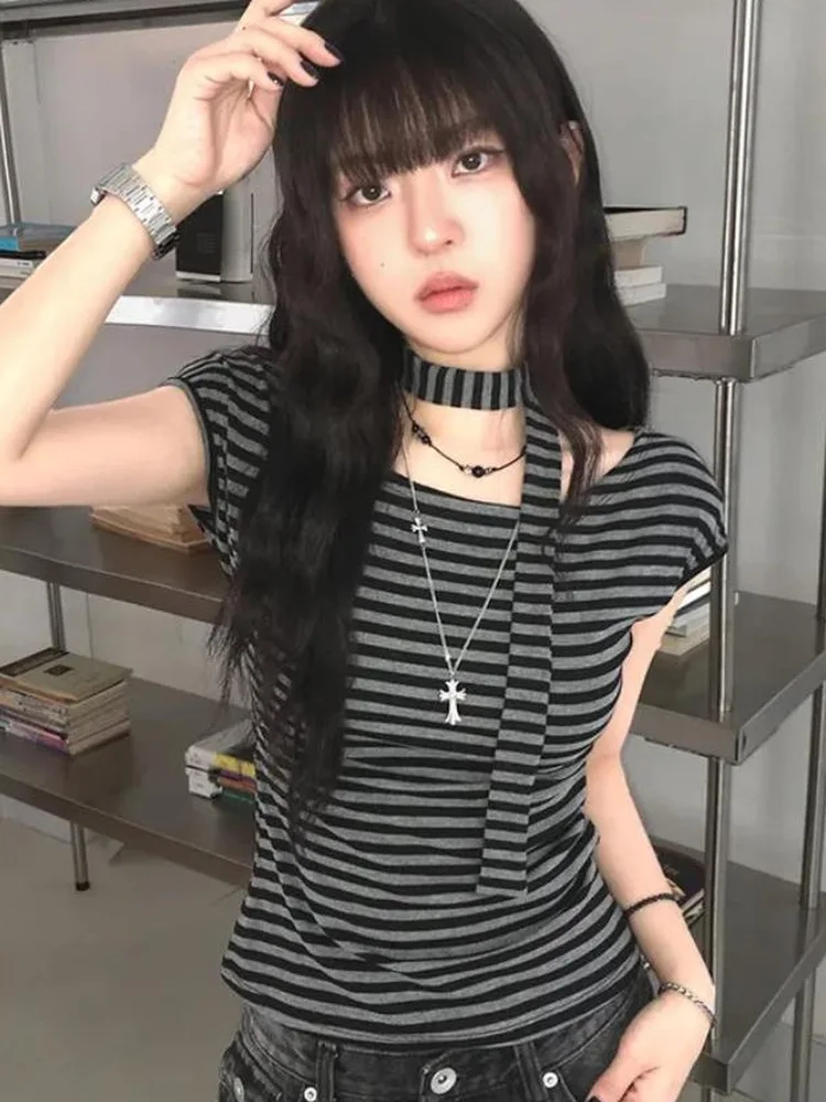 Retro Color Block Stripe Splice Slim Fit Short Sleeve T-Shirt Women's Exclusive Summer New Style Breathable Moisture Wicking
