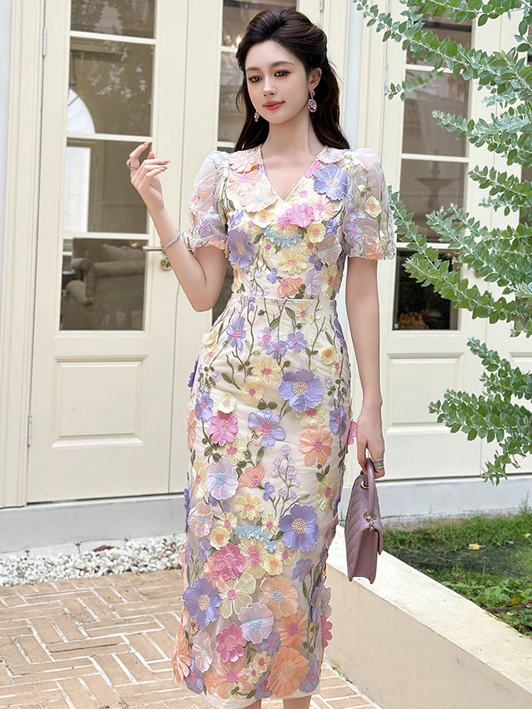 

Роскошное элегантное многоцветное платье миди с 3D цветочной вышивкой, женское шикарное облегающее платье, женское вечернее платье для свиданий, Vestidos, банкетное платье