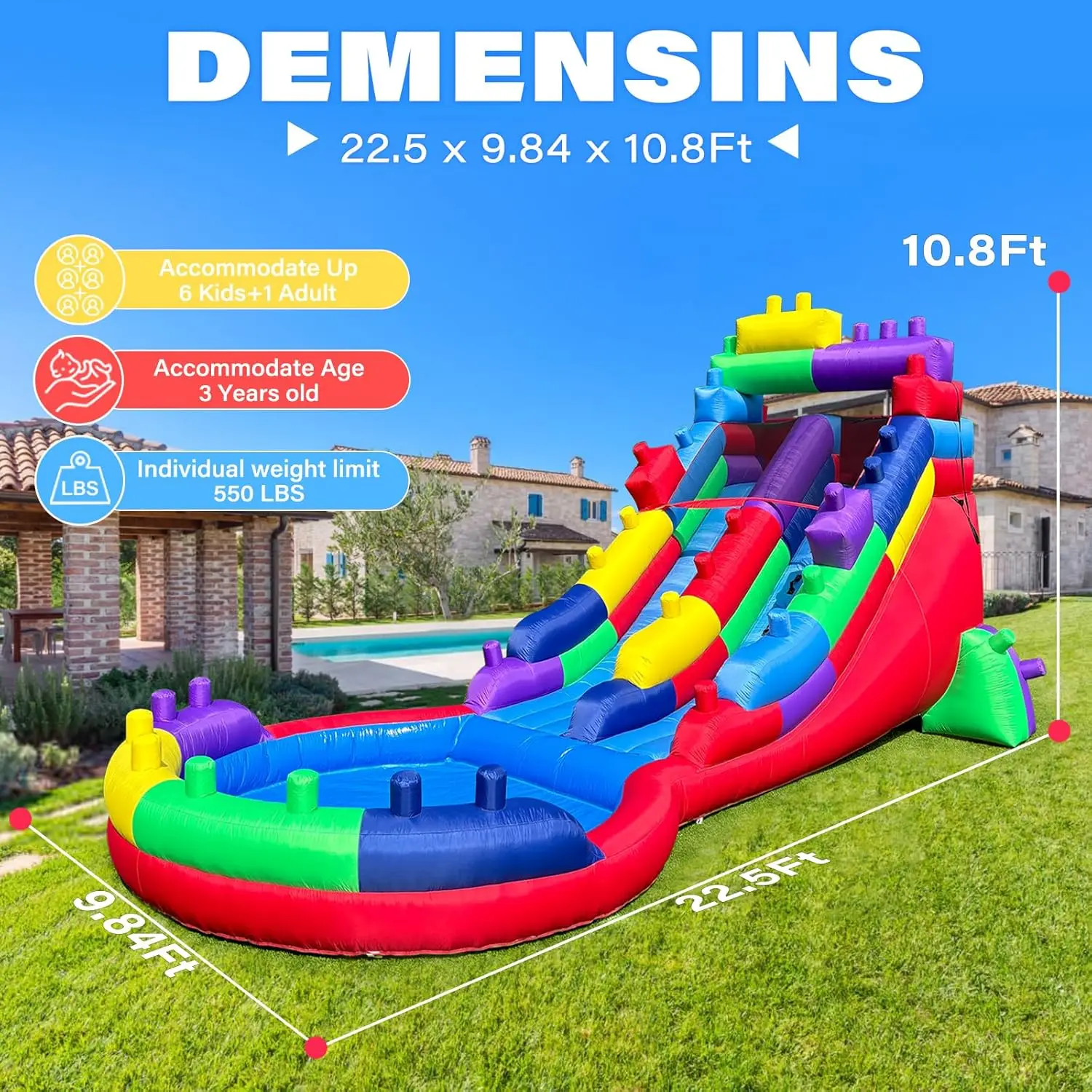 Backyard Party Inflatable Water Slide with Big Splash Pool, 22.5 x 9.84 x 10.8 Feet, Oxford Fabric, Includes Air Blower, Building Block Design
