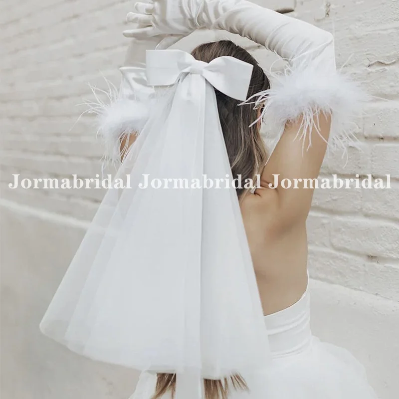 Jormabridal Simple Short Wedding Veil White Ivory Soft Tulle Satin Bow Tie Bridal Veil With Hair Comb Bride свадьба аксессуары