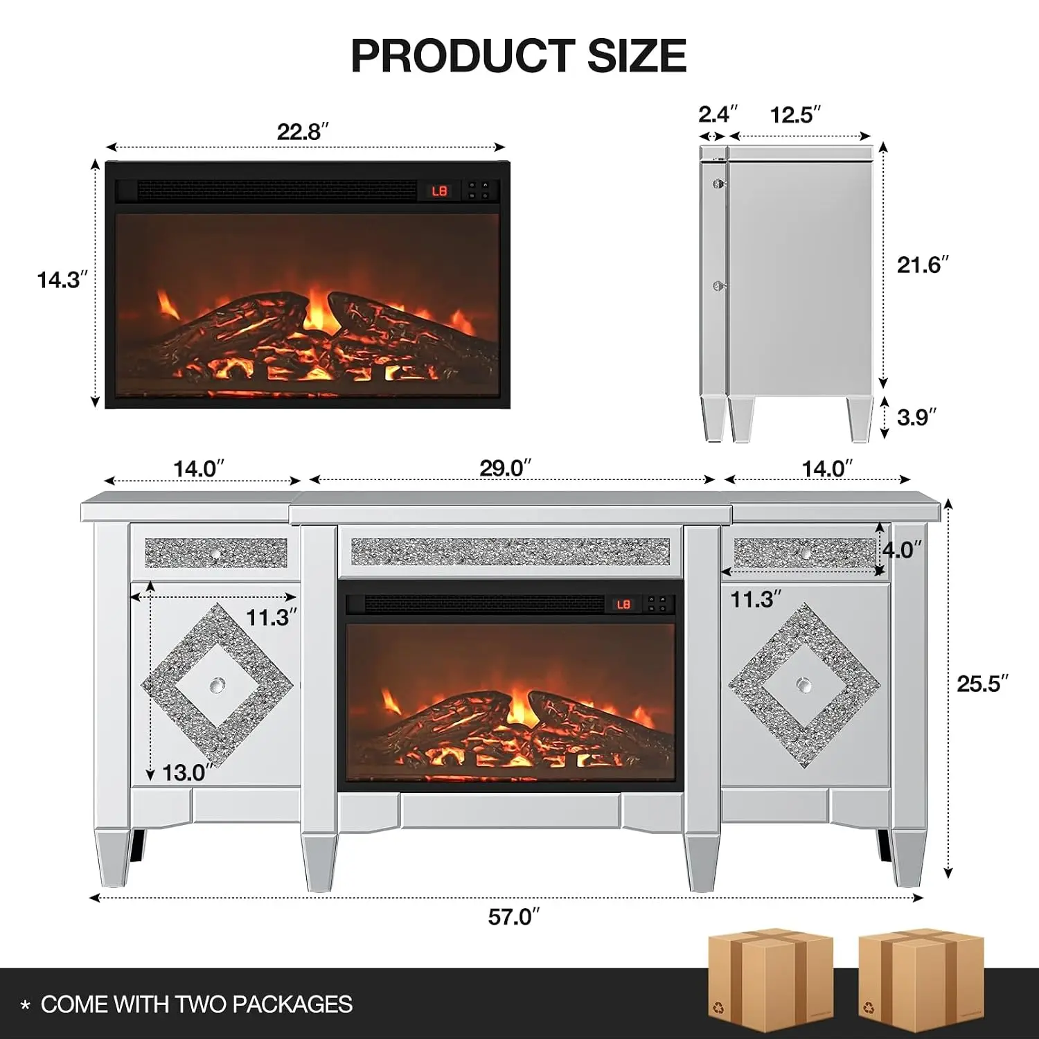 Mirrored TV Stand with Fireplace, 2 Drawers & Cabinets for 65