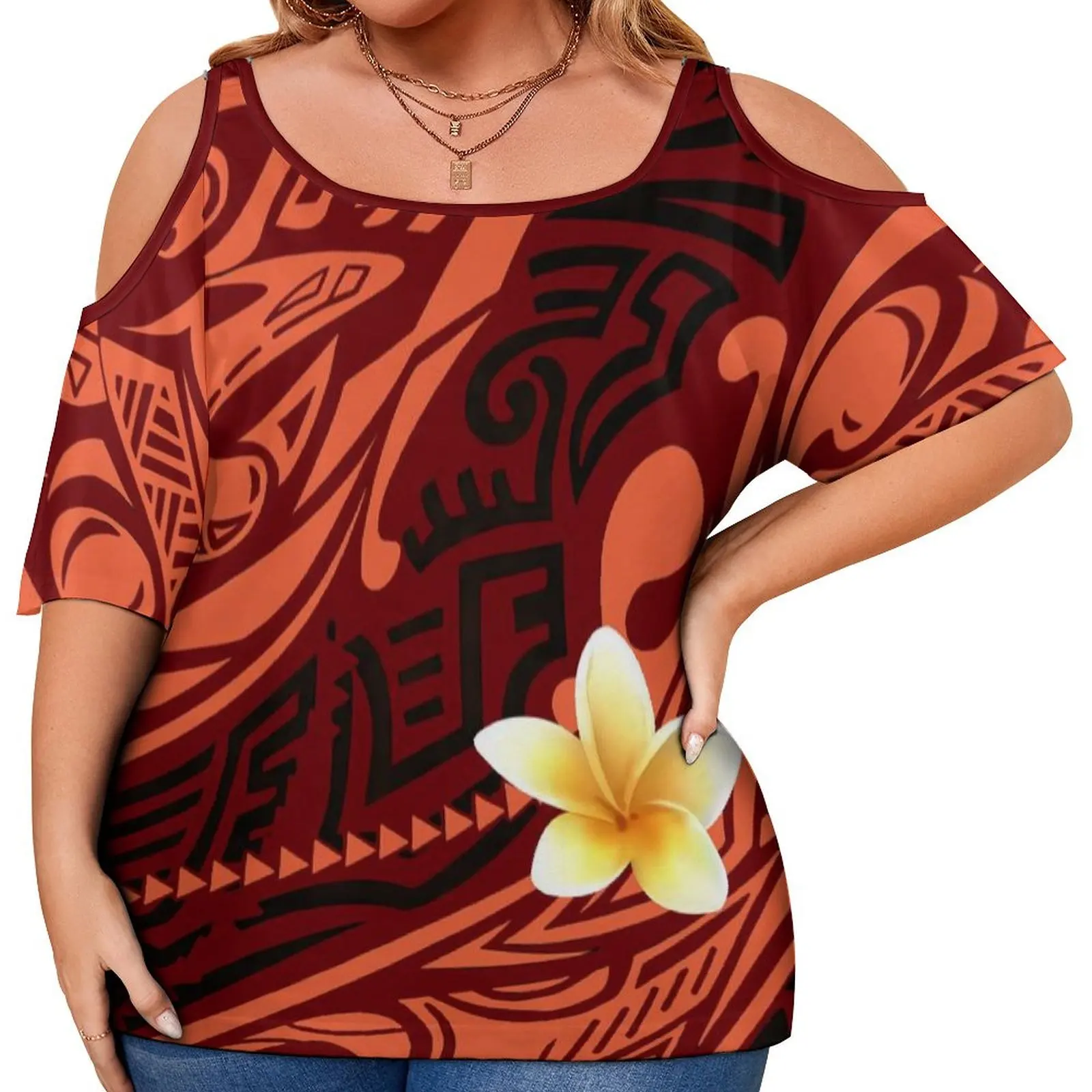 

2024 Hawaiian Flower Off-Shoulder Top Pacific Island Design Summer Women'S Short Sleeve Top Polynesian Island Style