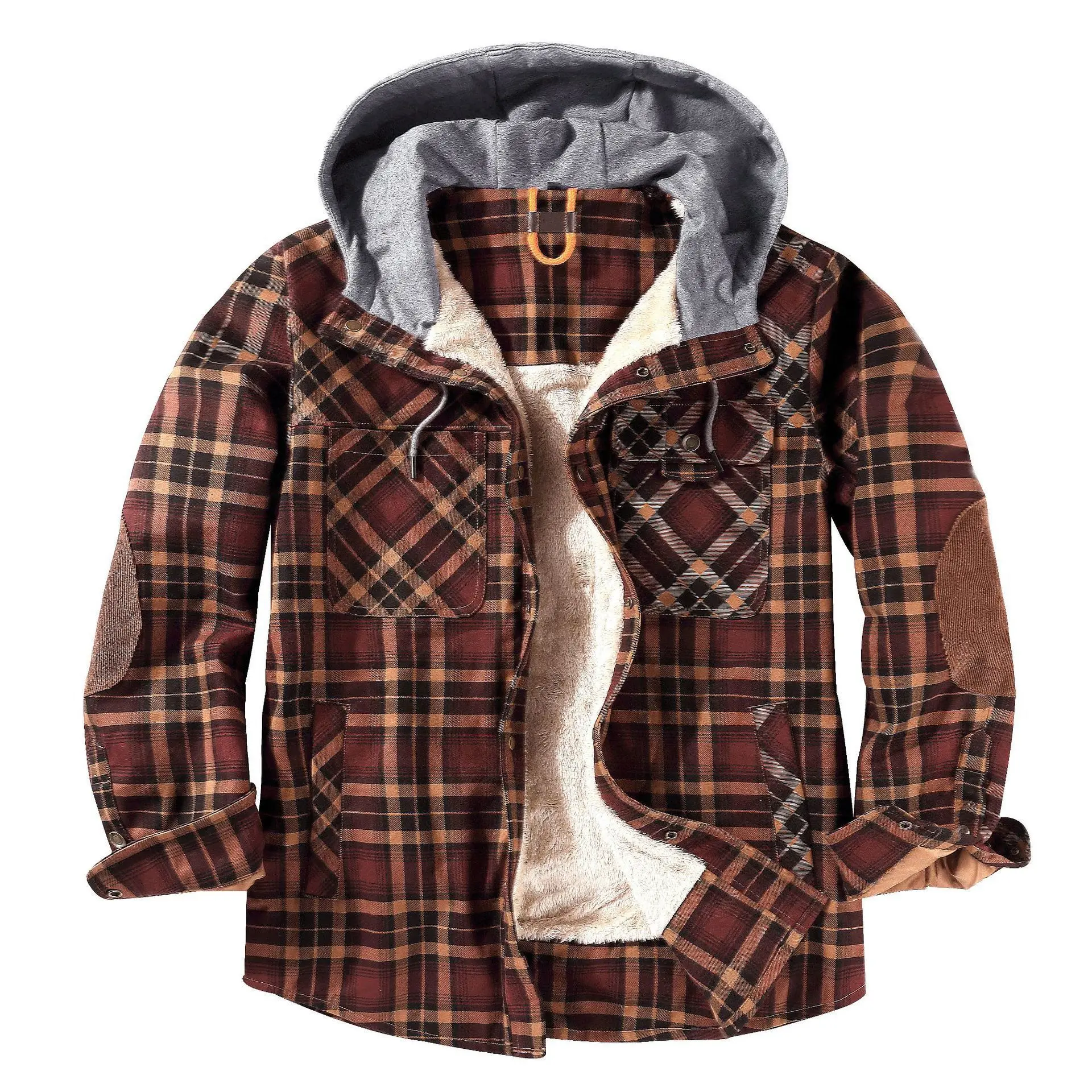 

Men Fleece Lined Flannel Shirt Jacket Hooded Plaid Long Sleeve Warm Winter Casual Outdoor Loose Fit US Size