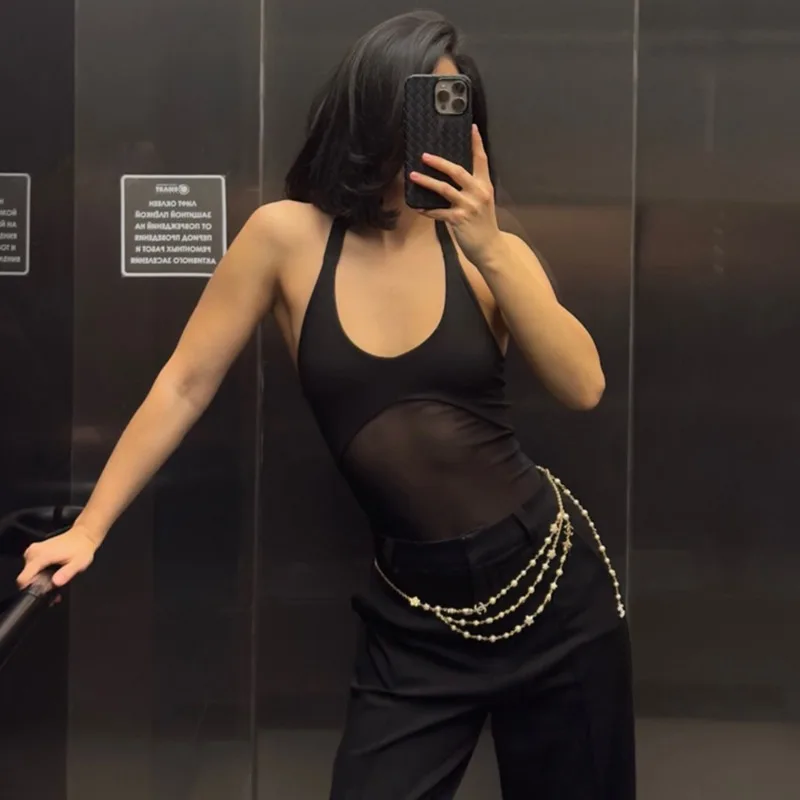 Tuularose Black Bikini Jumpsuits Women's Sexy Backless Mesh Patchwork Sleeveless Bodysuit Fashion Summer Party Women's Rompers