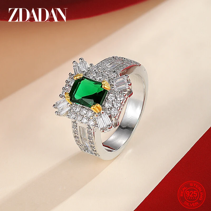 ZDADAN 925 Sterling Silver Emerald Zircon Ring For Women Charm Wedding Jewelry Party Gift