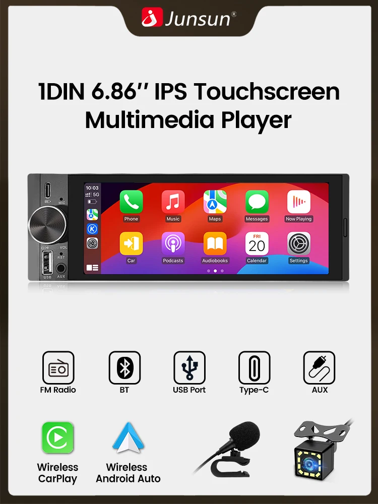 Junsun 6,86'' 1 Din Auto Stereo Bluetooth Wireless für Apple Carplay Android Auto FM MP5 Radio Player Universal IPS Touchscreen