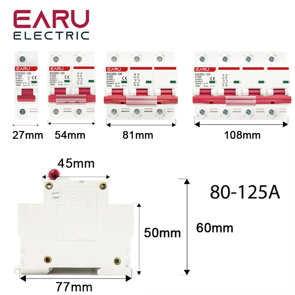 DC 1000V 1P 2P 3P 4P Solar Mini Circuit Breaker Overload Protection Switch6A~63A/80A 100A 125A MCB for Photovoltaic PV System