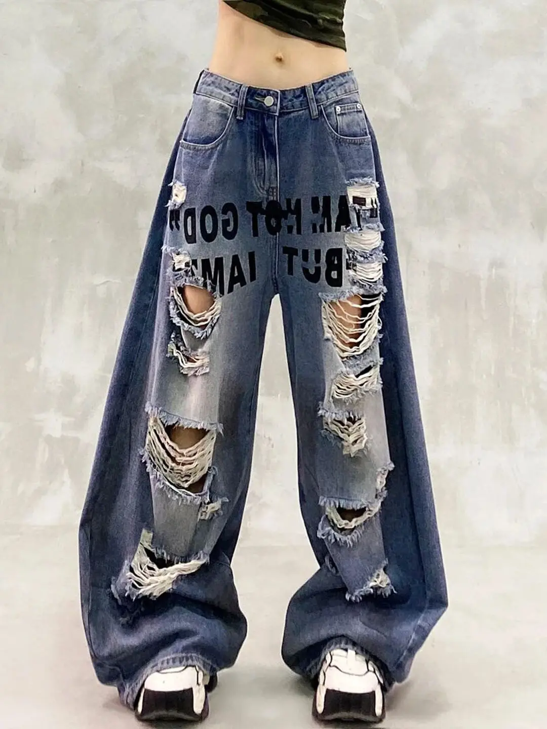 Fashionable New Spring Summer Spice Girls Hole Loose Jeans All-match Mopping The Floor Letters Printed Wide Leg Denim Pants