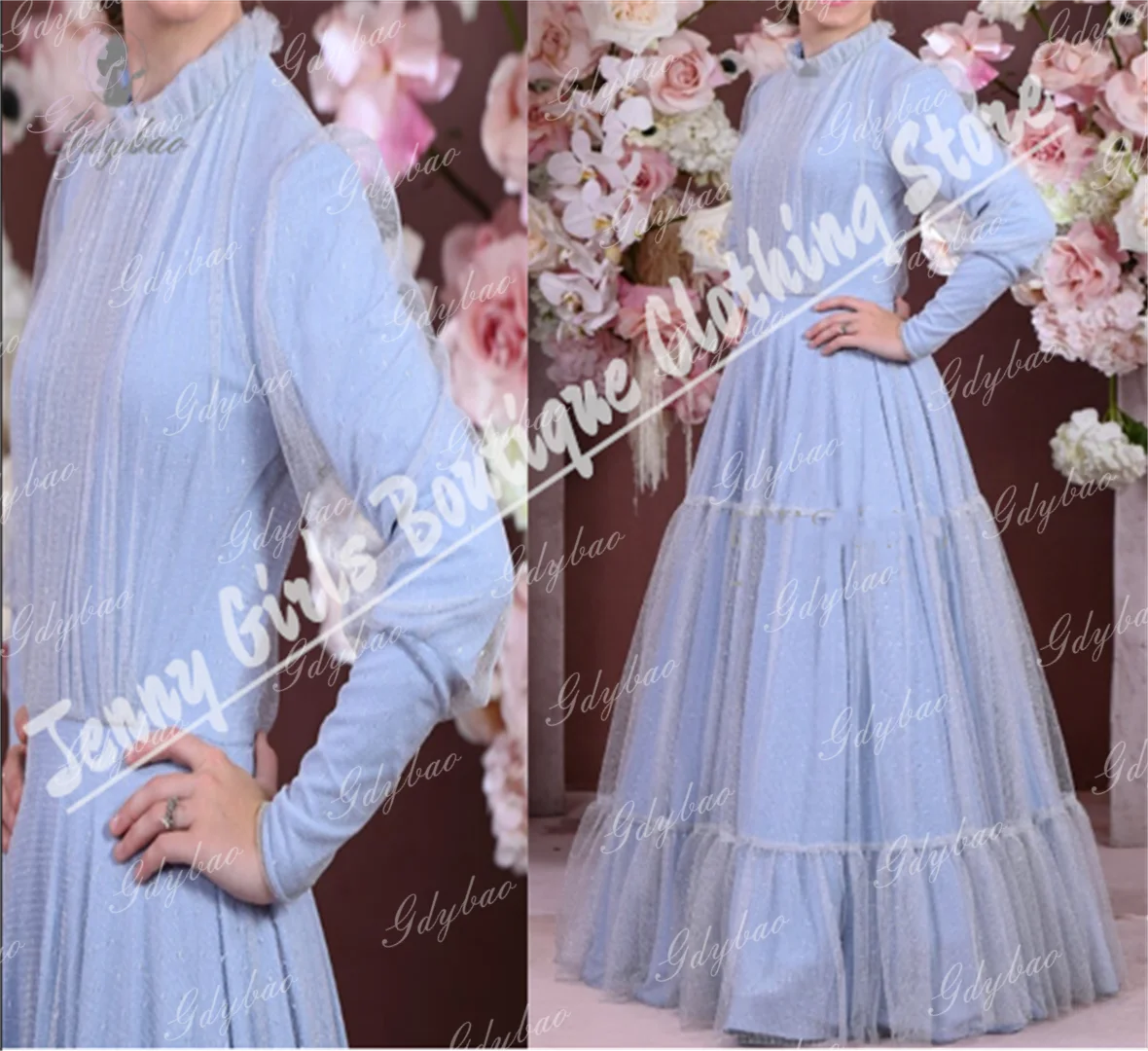 Exquisite Light Blue Long Sleeved High Neck Bridal Sister Dresses Suitable For Wedding Prom Formal Events Princess Dresses