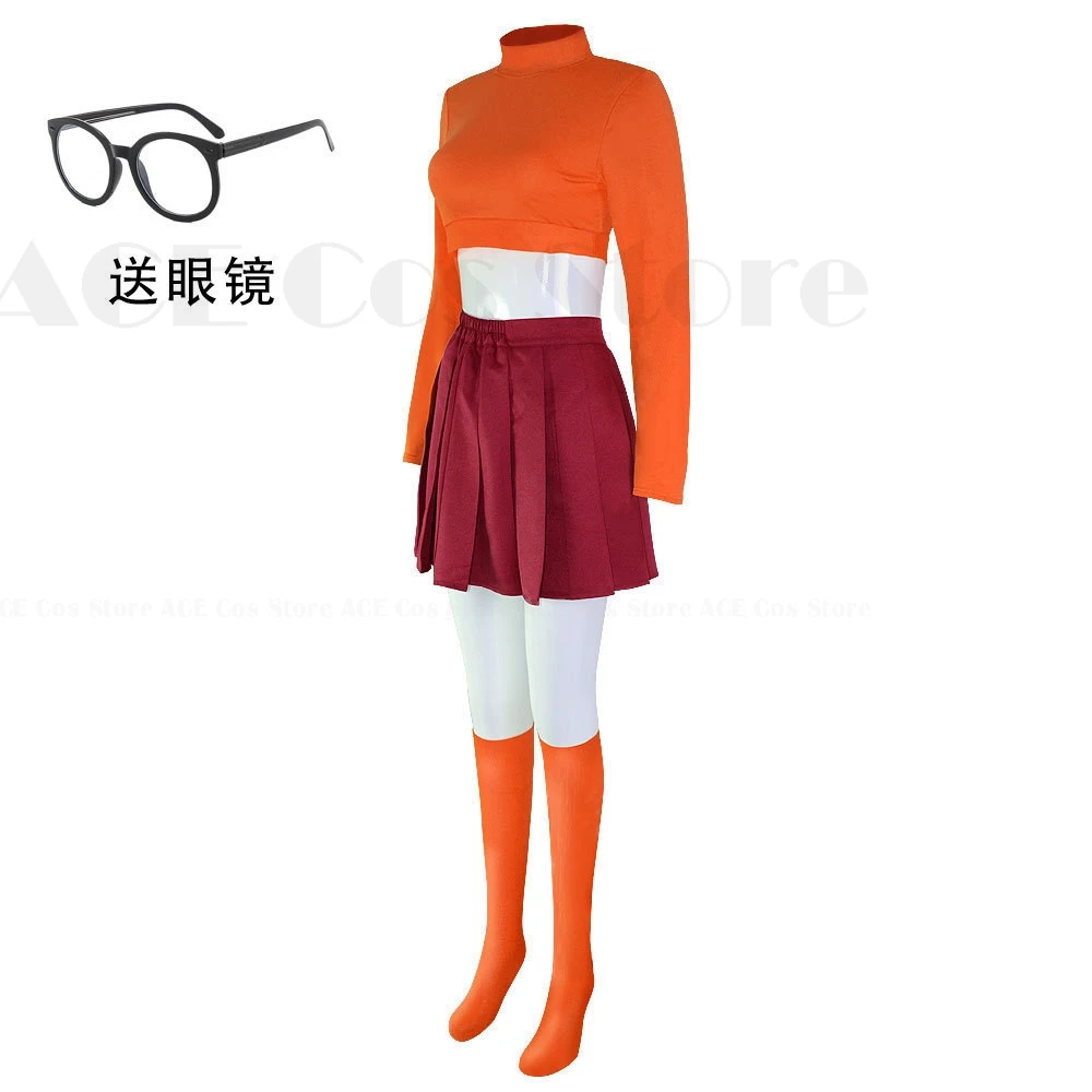 Velma Cosplay Outfit Uniform Wig Anime Woman Daphne Orange Top Skirt Socks Glasses Halloween Costume Set Girls Party Role play