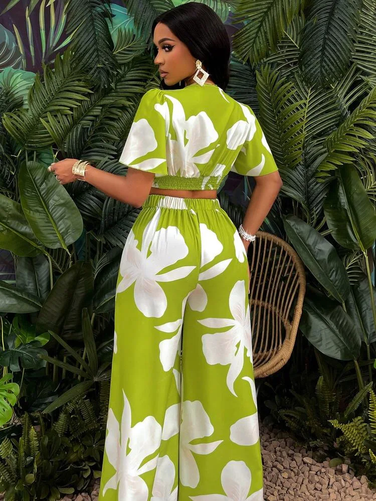 Women's Vacation Boho 2 Piece Outfit 2026, Tropical Print Ruched Sleeve Top & Tie Waist Wide Leg Long Pants Set