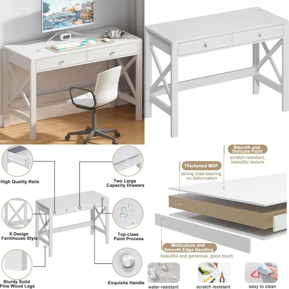 

Modern 40-Inch White Home Office Desk with Drawers, Suitable for Study and Makeup Vanity