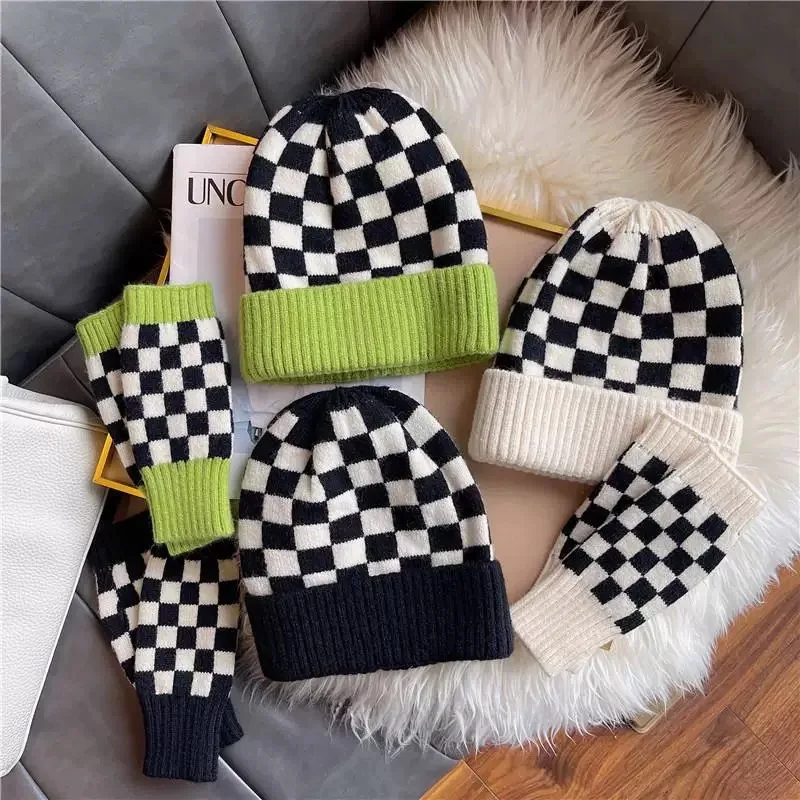 Jersey para mujer, sombrero coreano a cuadros, moda versátil, de alta calidad, Otoño Invierno, bufanda gruesa y cálida, guantes, sombreros de punto para niña