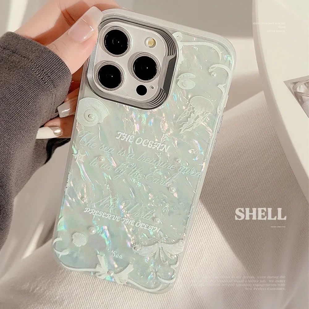 Shining Marine Jellyfish Shells Pearl Phone Case for IPhone15 14 12 13 11 Pro ProMax Plus X XR Shockproof Phone Cover