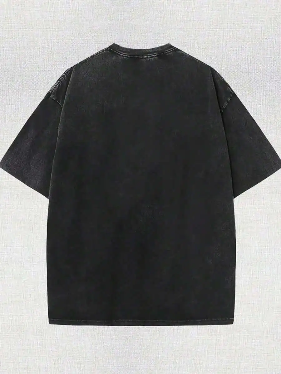Men Casual Crew Neck T‑Shirt Vintage Washed Short Sleeve Top High‑Quality Batik Cotton Abstract Blessing Text Print Daily Fashion Tees