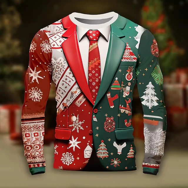 

​​Festive Men's Christmas Tree Snowflake Print Cotton Oversized T-Shirt O Neck Long Sleeve Comfort​​