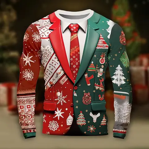 ​​Festive Men's Christmas Tree Snowflake Print Cotton Oversized T-Shirt O Neck Long Sleeve Comfort​​