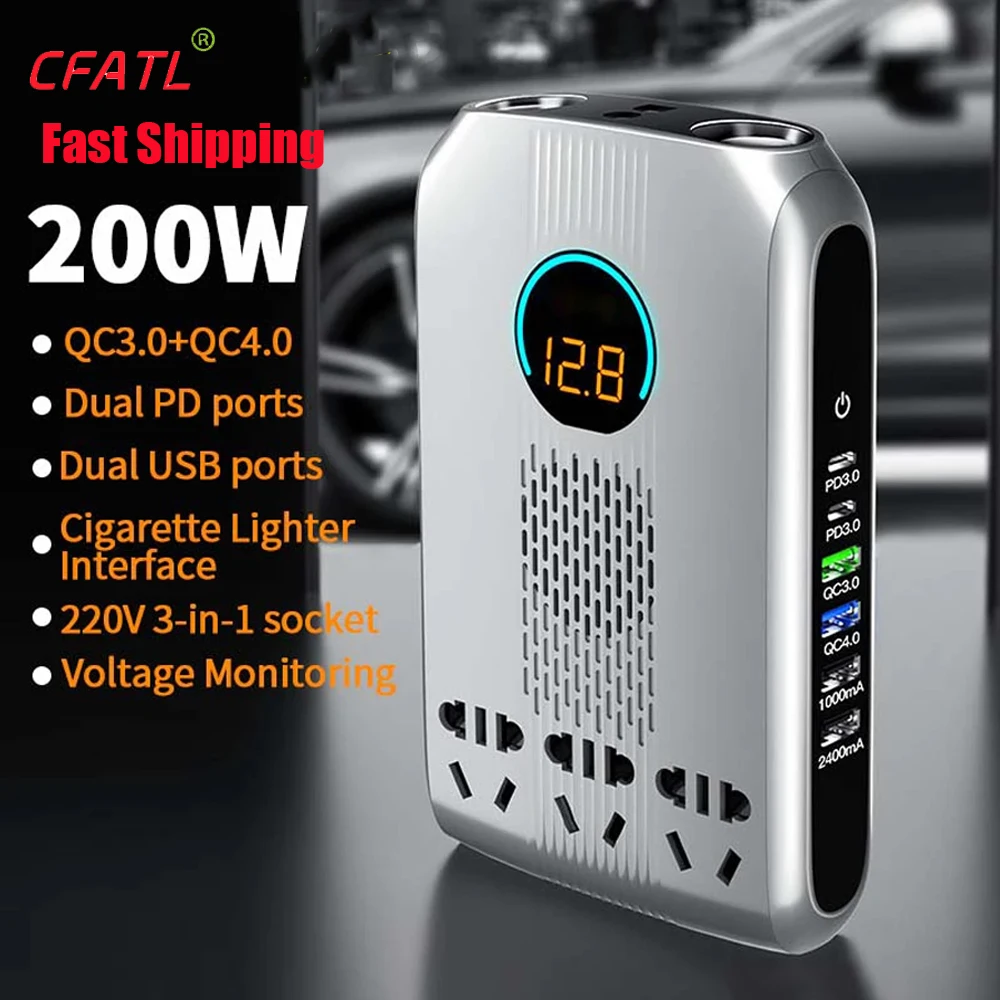 

6 USB Car Charger QC3.0 PD Fast Charging 200W 12V 24V To 220V LED Screen Inverter 3 Socket 2 Cigarette Lighter Adapter