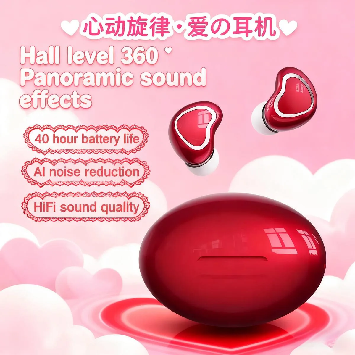 

Mini Cute Love Shape Wireless Bluetooth In-ear Earphones HIFI AI Noise Cancelling Long Battery Life Earsets For Game Music Gifts