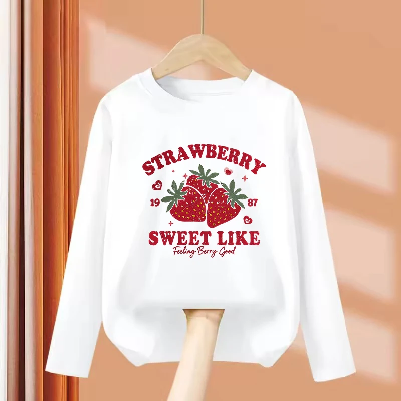 Long Sleeve Sweet Fashion Strawberry Design Printed T Shirts Kids Children's T-shirt Boys Girls Summer Spring Casual Top Tee