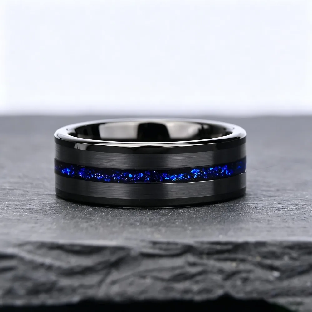 Somen 8mm Brushed Black Tungsten Ring For Men Blue Galaxy Foil Inlay Beveled Edge Wedding Band Engagement Rings Jewelry Gift