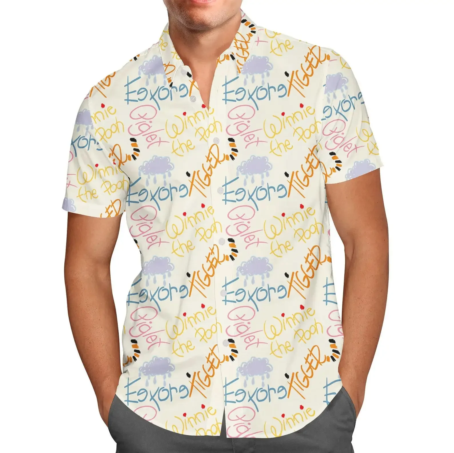 Sketched Pooh Autographs Hawaiian Shirt Disney Inspired Men's Button Down Short Sleeve Shirt Eeyore Hawaiian Shirt Casual Shirt