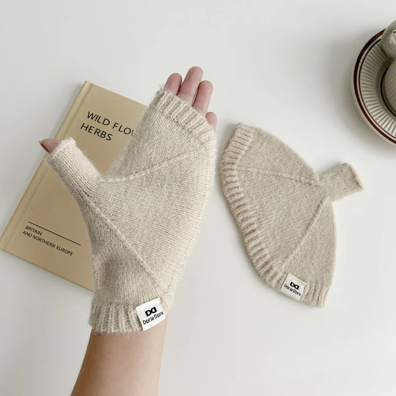 Open Finger Half Finger Gloves for Women Knitted Touch Screen Gloves Autumn Winter Plush Warm Gloves Luxury Thick Woolen Gloves