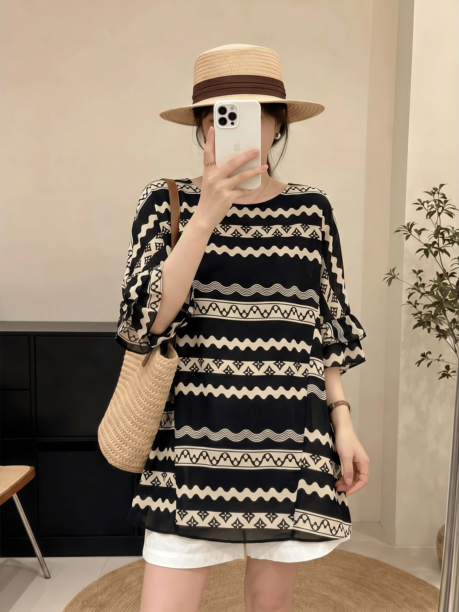 Slim Fit Short Sleeve T-Shirt Women's Ethnic Style Bell Sleeve Shoulder Length Summer New plus Size Big MM mid Length Top