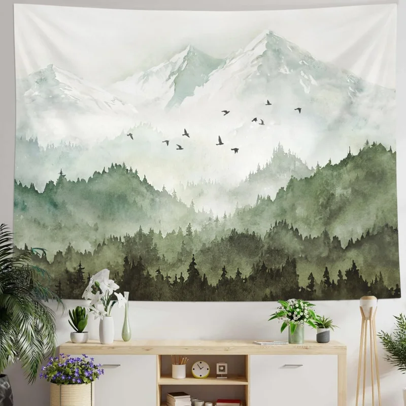 

VIKAMA Lush And Verdant Cedar Landscape Watercolor Art Wall Tapestry Is Suitable For Bedrooms, Living Rooms And Other Places