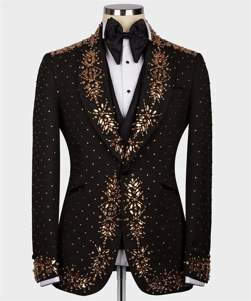 

Gold Crystals Men Suits Set 2 Pcs Blazer+Pant Trousers Luxury Wedding Tuxedo Cotton Formal Office Groom Prom Jacket Coat