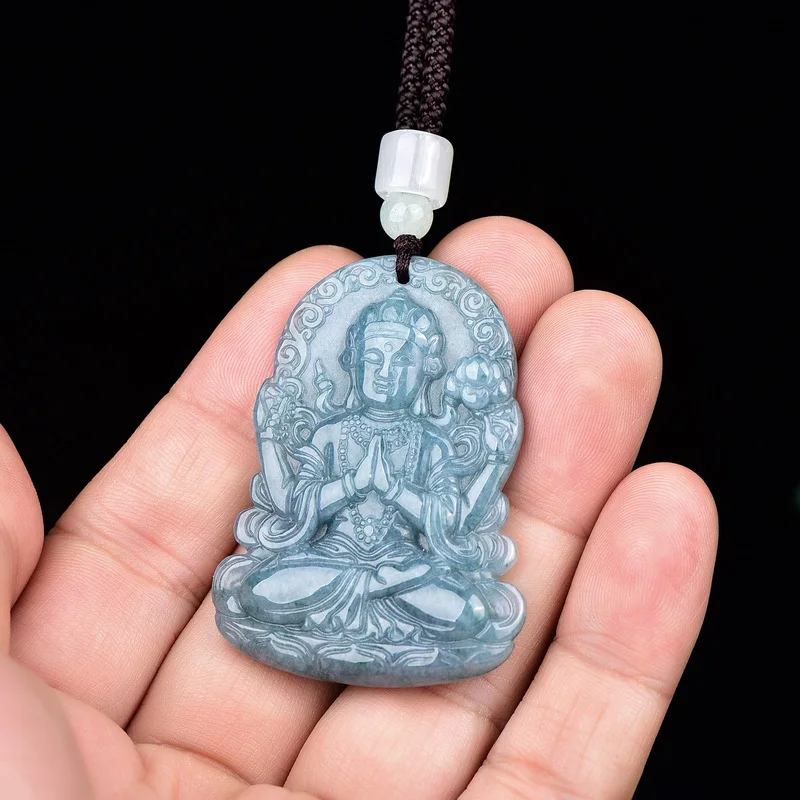 Jadeite Blue Water Four-Armed Guanyin Pendant Jade Ornament