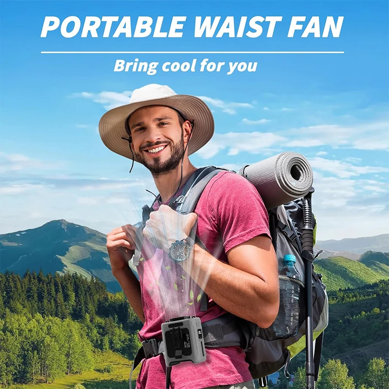 Portable Waist Fan with Flashlight 10000mAh Rechargeable Battery Summer Cool Strong Wind USB Fan for Outdoor Camping Travel