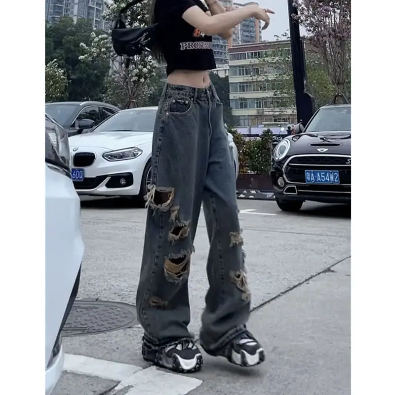 

​​2025 Women's High Street Ripped Jeans Vintage Distressed High Waist Wide Leg Pants Baggy Straight Retro Denim​​