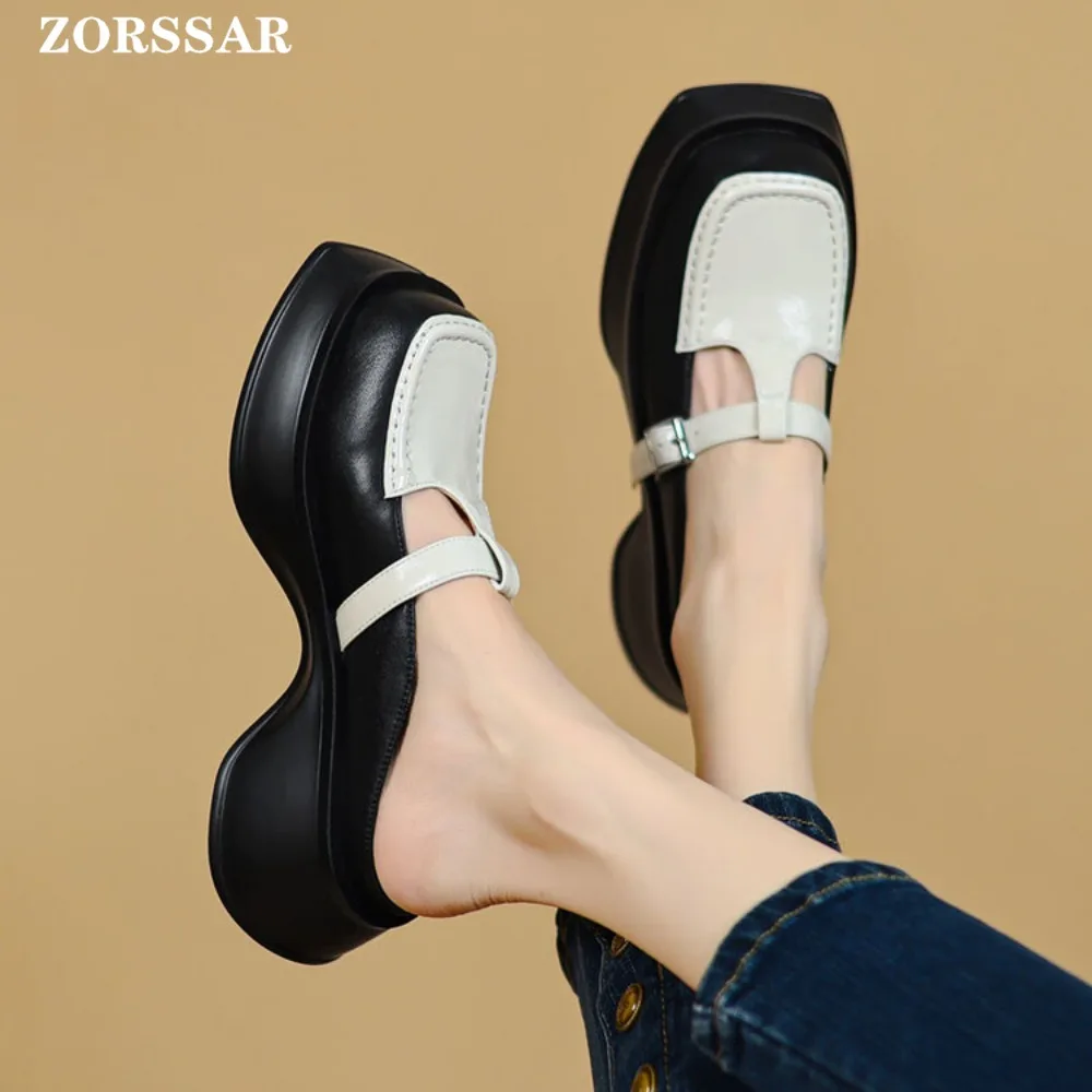 Flat Platform Shoes Women Summer Slippers Women\'s Flats Genuine Leather Slingbacks Ladies Casual Lazy Ladies Mules Footwear