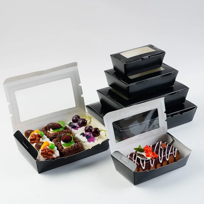 Caja de papel personalizada para ensaladas, producto negro con ventana, caja de papel para perritos calientes, logotipo personalizado aceptado