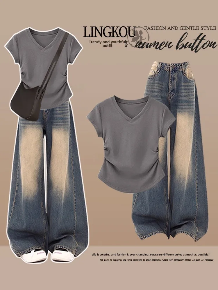 

Летний повседневный комплект больших размеров для женщин: элегантная футболка с V-образным вырезом и утягивающей талией, джинсы с высокой талией и эффектом похудения, комплект из двух предметов.