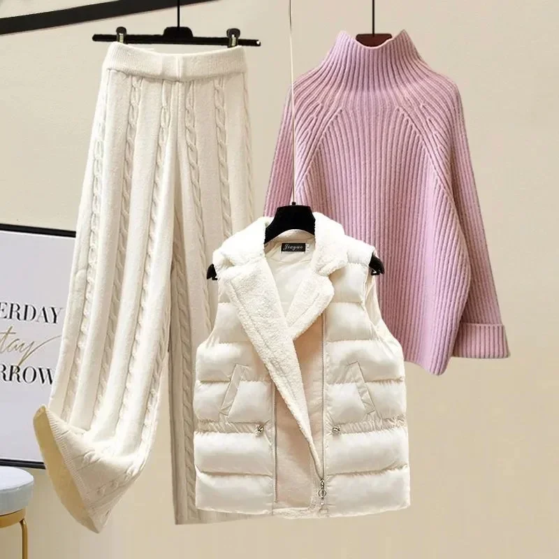 3 Piece Sets Women Korean Turtleneck Knitted Sweater+woolen Parkas Vest+Elatic Wide Leg Knitting Pants Sets Winter Outwear