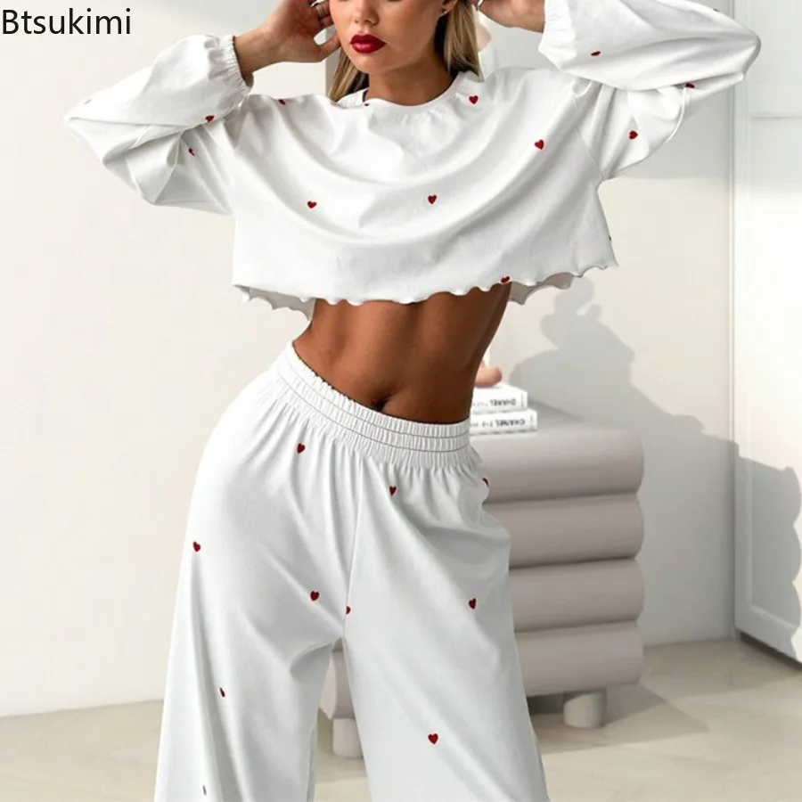 

2025 Spring Knitted Pajama Set Women's Casual Wear Fashionable Love Print Long Sleeved Pants Loose Two-piece Set Pajamas Ladies