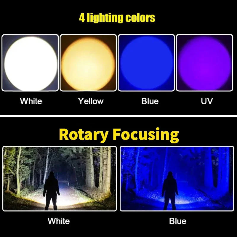 Blue White UV Yellow Light 4 Light LED Fishing Flashlight Powerful Zoom Searchlight for Night Fishing Hiking