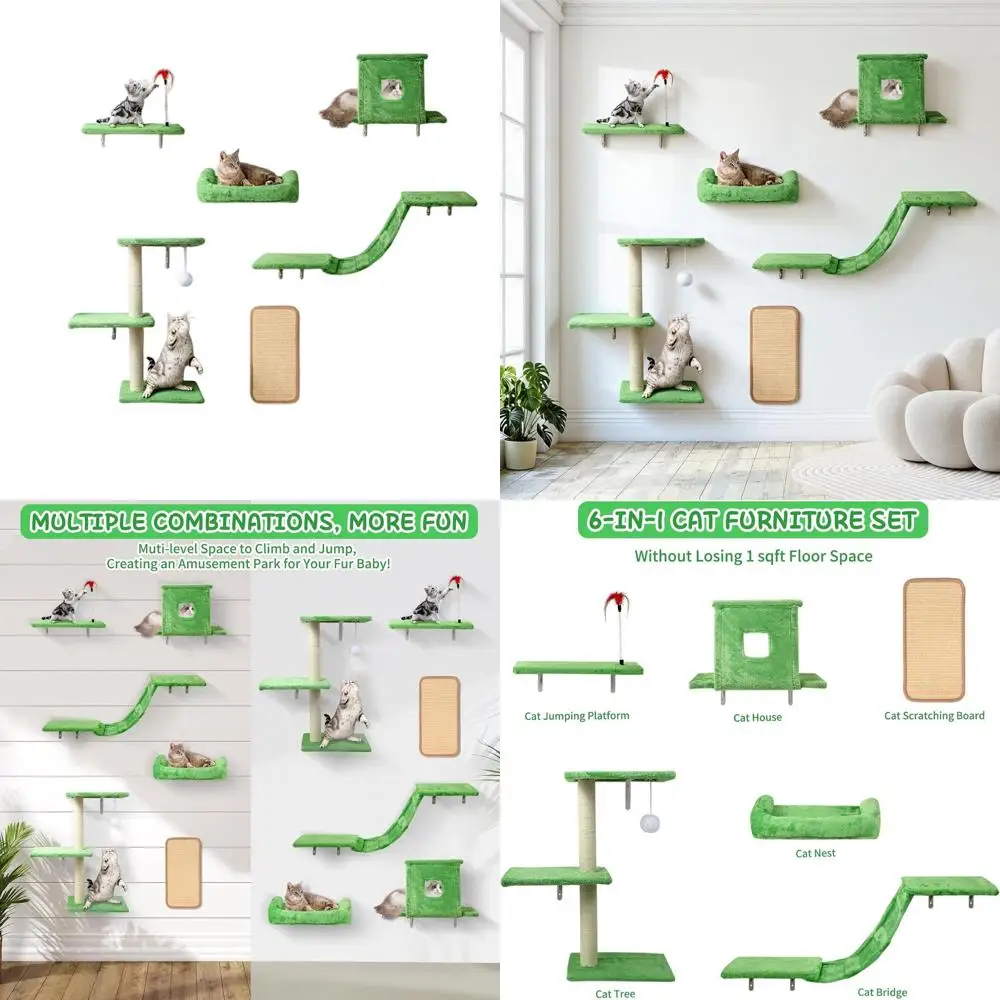

Green 6-Piece Cat Wall Furniture Set: Condo, Bed, Bridge, Tree, Steps, Scratching Board for Indoor Play