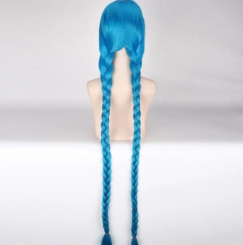 Perucas Cosplay Anime azul para mulheres, tranças de rabo de cavalo duplo, cabelo longo feminino