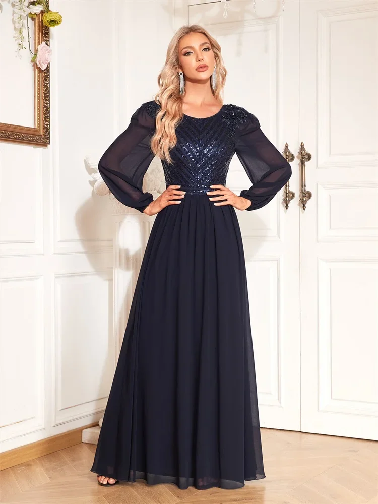 

Elegant Sequin Navy Evening Dresses 2024 V-Back Long Sleeve Wedding Party Gown Women Prom Formal Cocktail Dresses