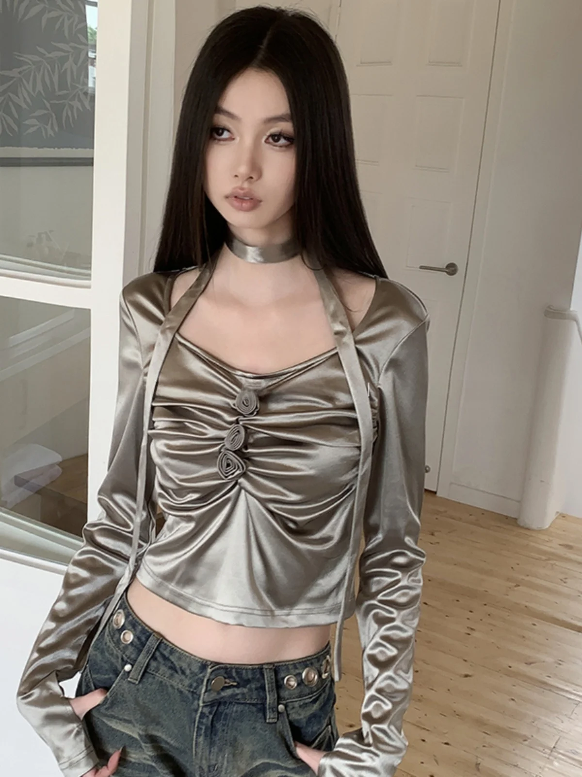 

Женская футболка с длинным рукавом и дизайном «Серебряная роза», базовый слой, осенняя, для повседневной носки, модная, приталенная, с круглым вырезом, однотонная