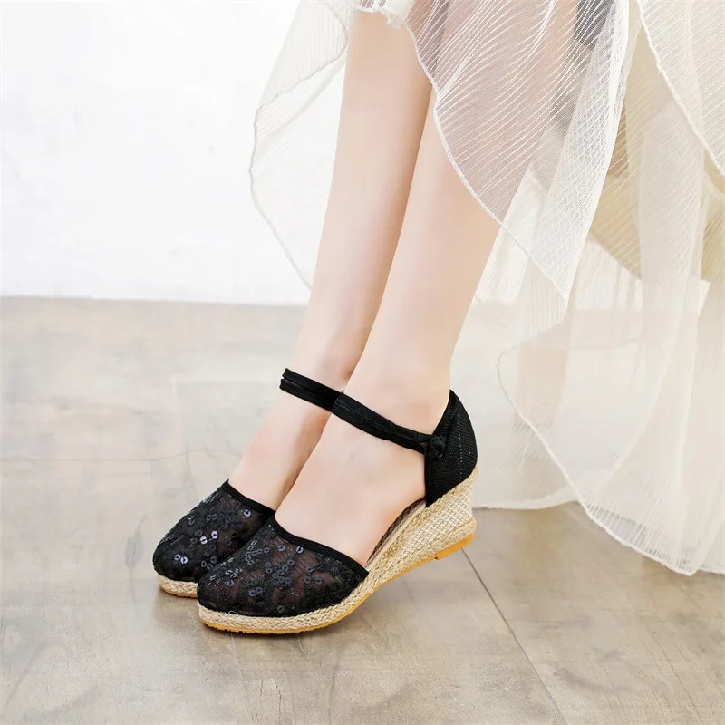 Nuevas sandalias de mujer, sandalias de malla con cuña, alpargatas de gasa de red, sandalias femeninas con hebilla de plataforma de cáñamo puntiaguda